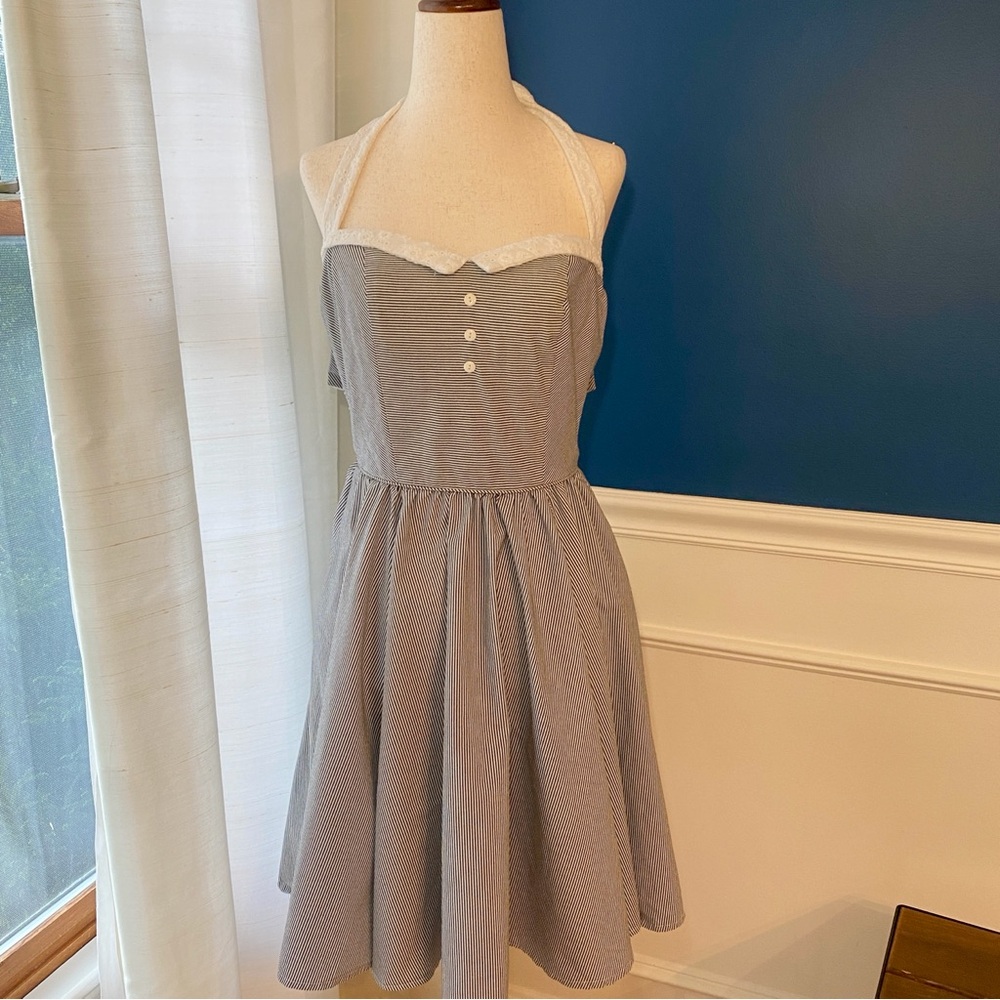 Unique Vintage Navy Blue Retro Pinstripe Halter Swing Dress Eyelet Collar, XS/S